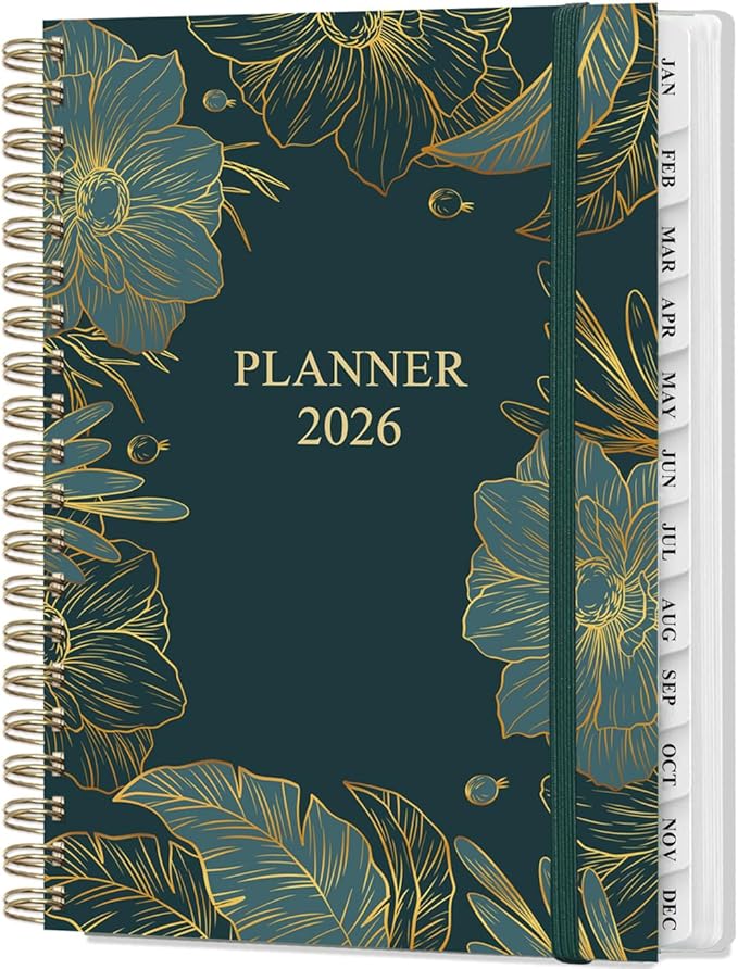 2026 Planner - Weekly and Monthly Planner Calendar from January 2026 to December 2026, Planning Agenda with Tabs & Inner Pocket, Spiral Bound for School/Office Supplies, 5.8'' × 8.3'', Green Gold Floral
