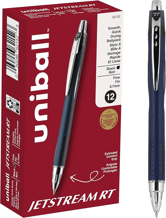uniball Jetstream RT Ballpoint Pens, Fine Point (0.7mm), Black, 12 Pack