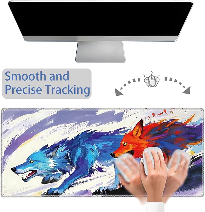 Mouse Pad Gaming Mousepad 31.5x11.8 Inch XXL Large + Coasters,Desk Mat with Stitched Edges, Non-Slip Rubber Base, Thick Mouse Pad for Computer, Laptop, Office & Home - Watercolor Wolf