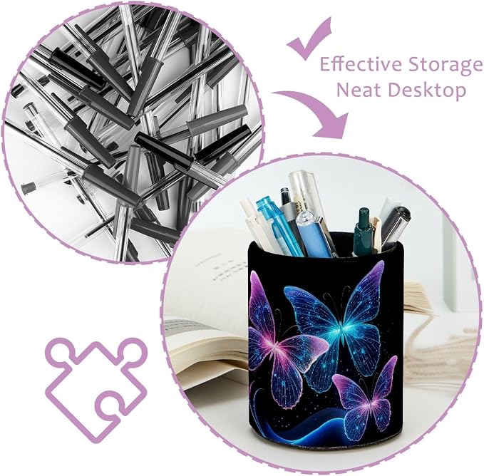 Leather Pen Holder for Desk, Blue Glitter Butterfly Makeup Brushes Holder Pencil Cup Multifunctional Desktop Organizer Caddy for Home School Office Desk Accessories