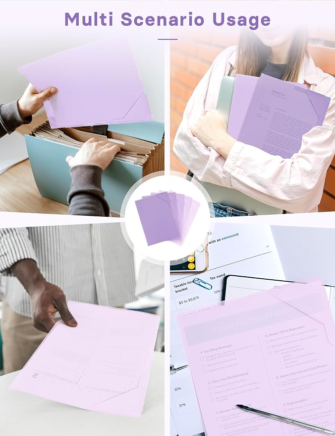 Plastic Folders Sleeves, Gradient Colors Plastic Project Pockets for Paper 11.9 × 8.5 Inches, Transparent Document Folders for School and Office Supplies (5 Pack, Purple)