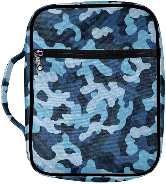 Coldinair Blue Camo Bible Cover for Kids Teen Men Church Bible Protective Book Case with Pen Slot Handle & Zippered Pocket Travel Christian Bible Accessories