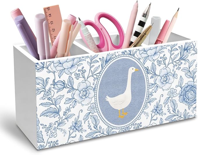 Chinoiserie Goose Flower Pen Holder for Desk, Blue and White Floral Pencil Organizer, Grandmillennial Goose Wooden Box Sign Desk Decor for Girl Nursery Home Office Decoration