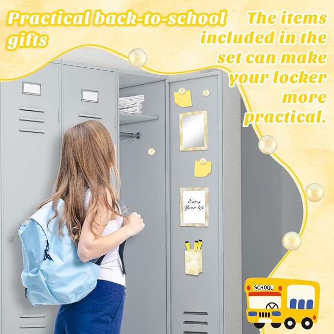 Magnetic Locker Marble Accessories Kit Pale Yellow Back to School Essentials Locker Organizer Supplies Include Mirror Whiteboard Pen with Holder Magnet Magnetic Buckle Back to School Essentials