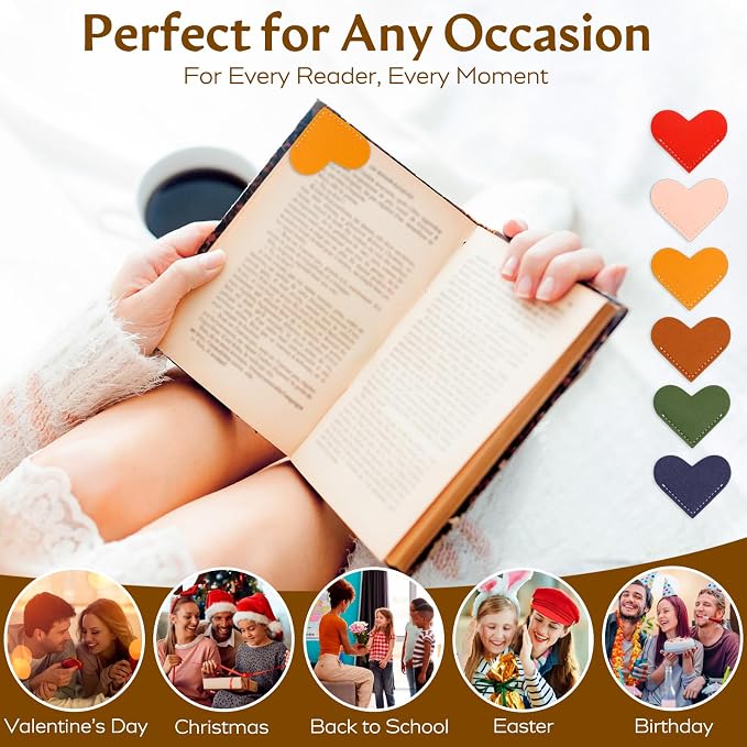 6 Pcs Cute Leather Heart Bookmarks, Book Marks for Reading Women Teachers Book Lovers Kids Students Book Accessories, Bookish Gifts for Women Friends Girls Office, Stocking Stuffers for Women Readers