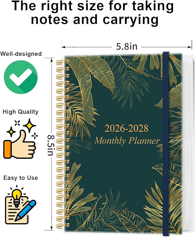 2026-2028 Monthly Planner, 3 Years Calendar from April 2026 - December 2028 with Spiral Binding, Inner Pocket, Elastic Closure, 33 Month Planner for Home | School | Office, 5.8" x 8.5", Green Gold Leaf