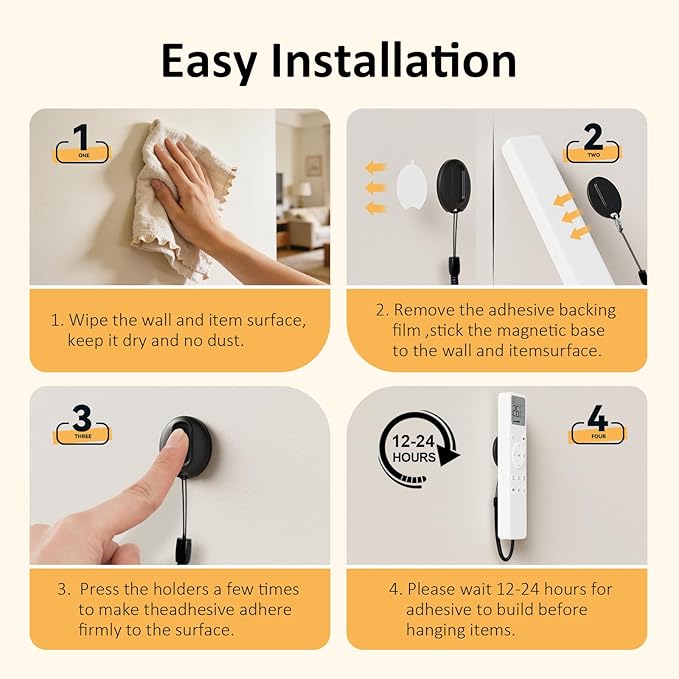 Magnetic Remote Control Holder with Security Cable Self-Adhesive Wall Mount, 3 Pack Silicone Organizer Retractable Anti-Loss Storage Wall Holder for TV, Fan and Air Conditioner Remote Control Black