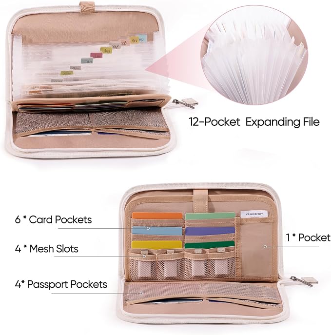 Receipt Organizer with 12 Pockets 10x6 Receipt Holder Organizer - Small Accordion File Organizers - Cash Organizers for Travel, Business, Gift
