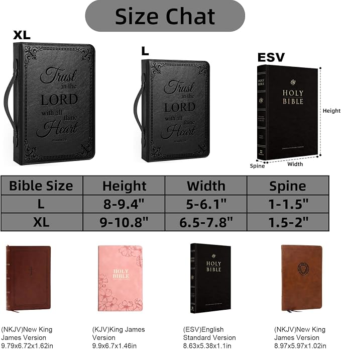Large Bible Cover Case for Men Women, Mens Bible Covers Cases Leather Bible Cover Carrying Case for Women Men with Handle Zippered Bible Book Cover Holder Bag Case(Black, L)