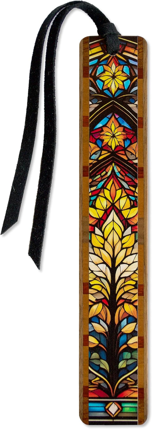 Double-Sided Stained Glass Floral Wooden Bookmark | Colorful Mosaic Botanical Design | Art Nouveau & Prairie Style Inspired Bookmark Gift for Readers | Handmade in the USA