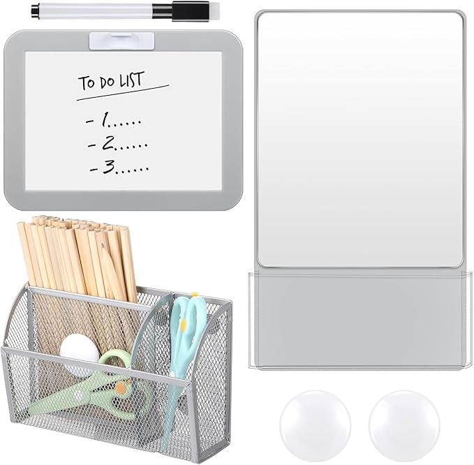 Fuyoooo Magnetic Locker Accessories Back to School Essentials Include Magnetic Mirror with Holder Magnet Mesh Pen Holder Small Whiteboard and Magnet for Office School Locker Organizer(Classic,Gray)