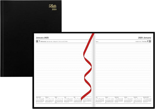 Letts of London Standard Quarto Day to a Page Planner in Leather-Look Hard Cover, 10.25-inch Length, Black, Office and School Supplies