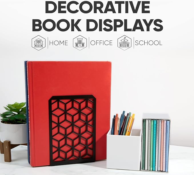 Geomod 3D Cube Black Metal Bookends Decorative for Heavy Books - Sturdy Boho Book Stops - Minimal Book Shelf Stopper - Durable Office Bookends - Weighted Metal Book Holders - 7x4.75 Inches - 2 Pair