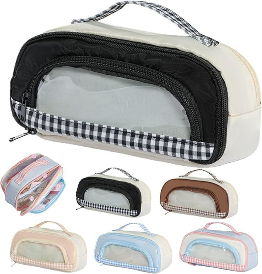Cute Kawaii Pencil Case Pouch Sweet Check Window Pen Box Holder Organizer for Office Workspace Supplies Desk Accessories Travel Essentials Aesthetic Trendy Cool Stuff Gift Handy Handle (Black)