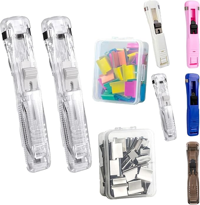Portable Binder Clip Stapler with 100 Refill Clips,Handheld Paper Clamp Dispenser for Desktop/Document, No-Hole Binding, Home/School/Office Use (Trans,B)
