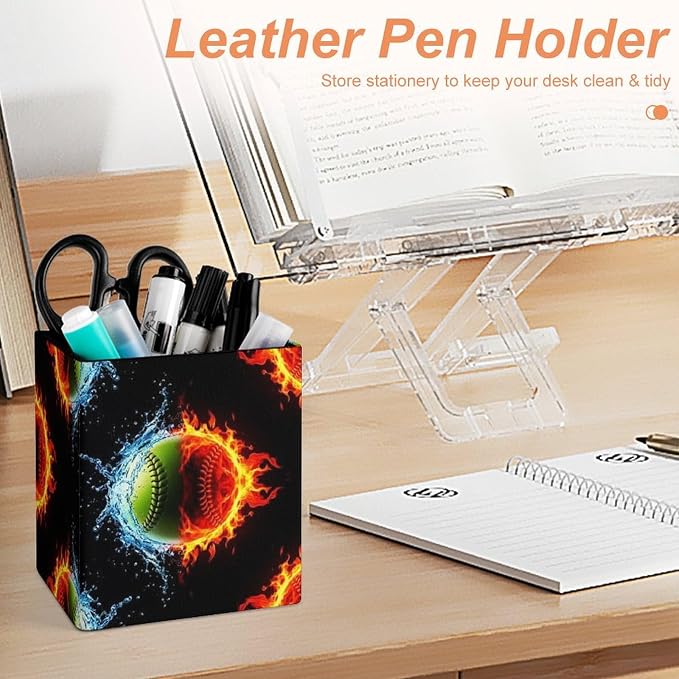 Women's Fashion Pencil Pen Holder Cup, Waterproof Office Supplies, Waterproof Multifunctional Office Supplies Ice Water Fire Flame Softball Baseballs