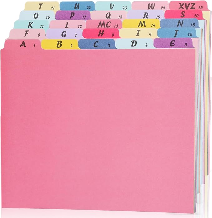 1 Set 25 Alphabet File Dividers A-Z Top Tab File Guides Letter Size 1/5 Cut Tab Manila Alphabetical Files Organizer Filing Cabinet Dividers for Work Office Home School Desk Organizer (Vibrant)