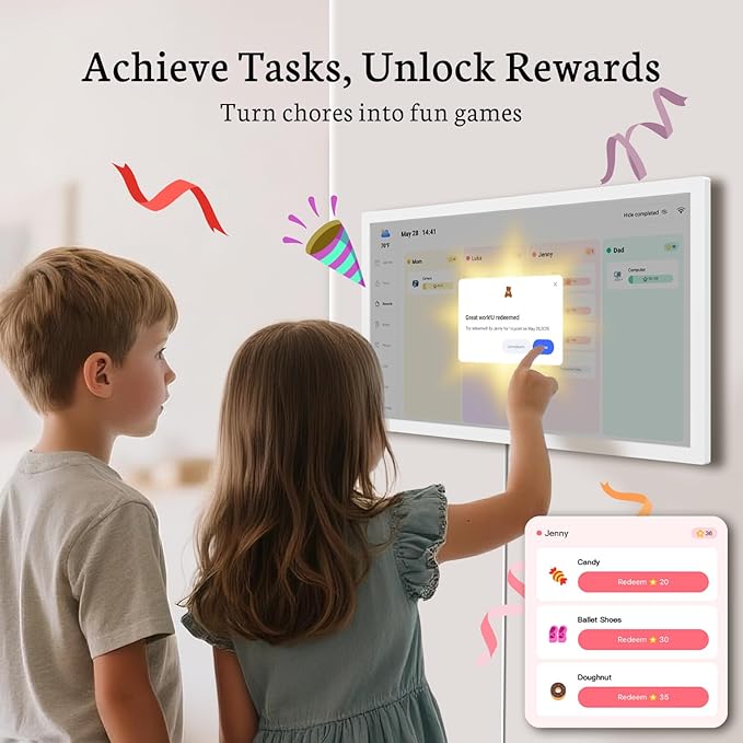 BSIMB 24 Inch Digital Calendar Wall Touch Screen - Chore Chart, Meal Planner, Rewards System, Photo Display, Smart Electronic Calendar Interactive Hearth Display for Family Schedules, Seamless Scheduling White