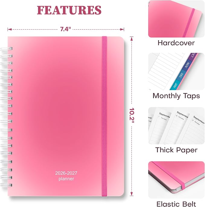 Planner 2026-2027 Monthly and Weekly Academic Planner July 2026 - June 2027, Hardcover Calendar 2026-2027 Agenda Daily Planner for Student Teacher School Office Supplies, 7.4" x 10.2", Pink Ombre