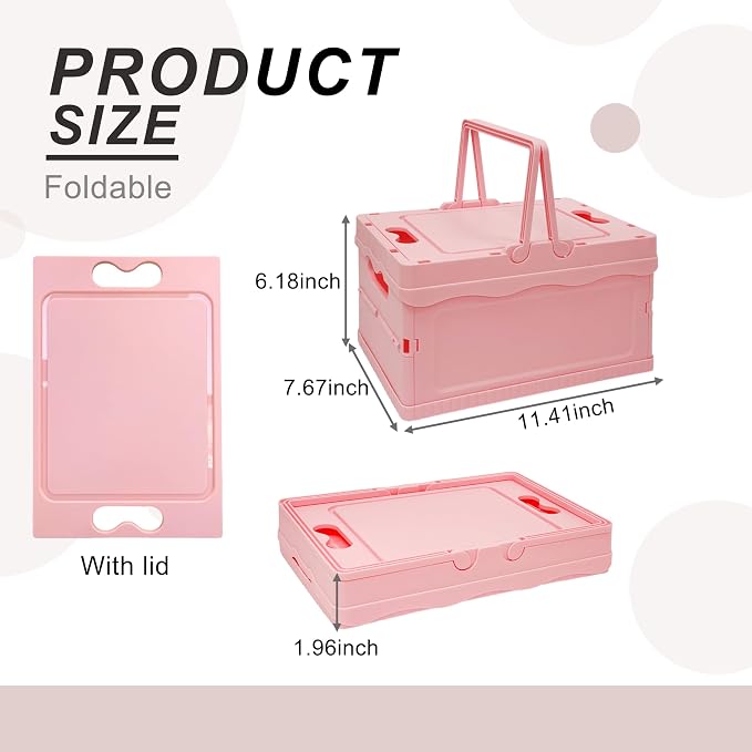Tixill Small Collapsible Storage Crates, Foldable Plastic Baskets with Lids and Handles for Organizing, Mini Stackable Bins for Home Kitchen Bedroom Bathroom Office (12 * 8 * 7InPink)