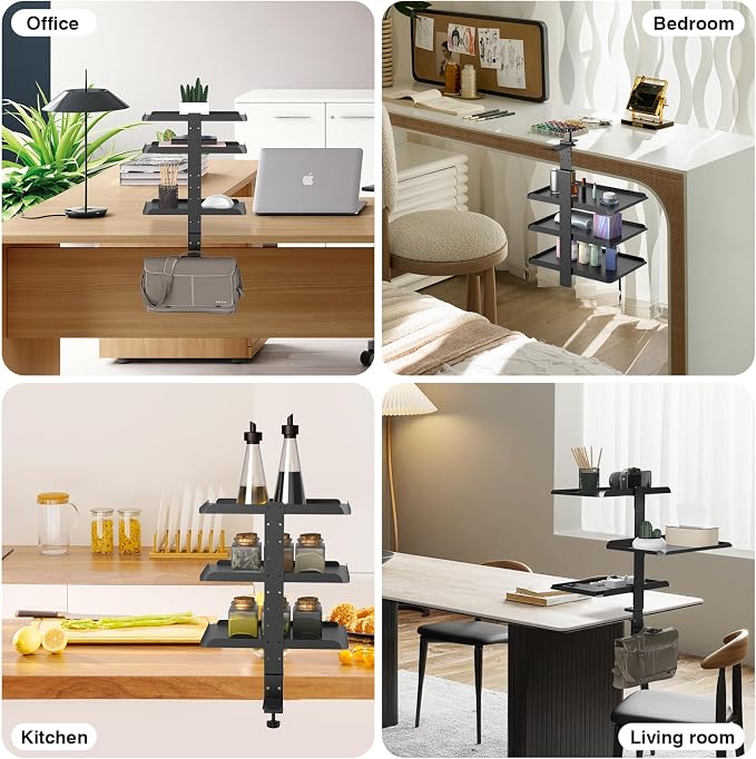3 Tier Clamp On Desk Shelf - Over Or Under Table Clamp,with Adjustable Metal Storage Tray Headphone Stand with No Drill Installation, for Home Office, Gaming Devices,Storage Tray,and More