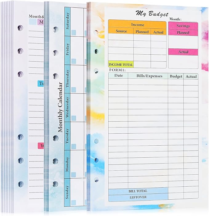 Toplive 3 Pack A5 Planner Refill 82 Sheet Colored Monthly Weekly Planner Refill Paper 6 Hole Budget Sheets Expense Tracker Inserts for A5 Binder Cover Bill Saving Organizer, Colorful