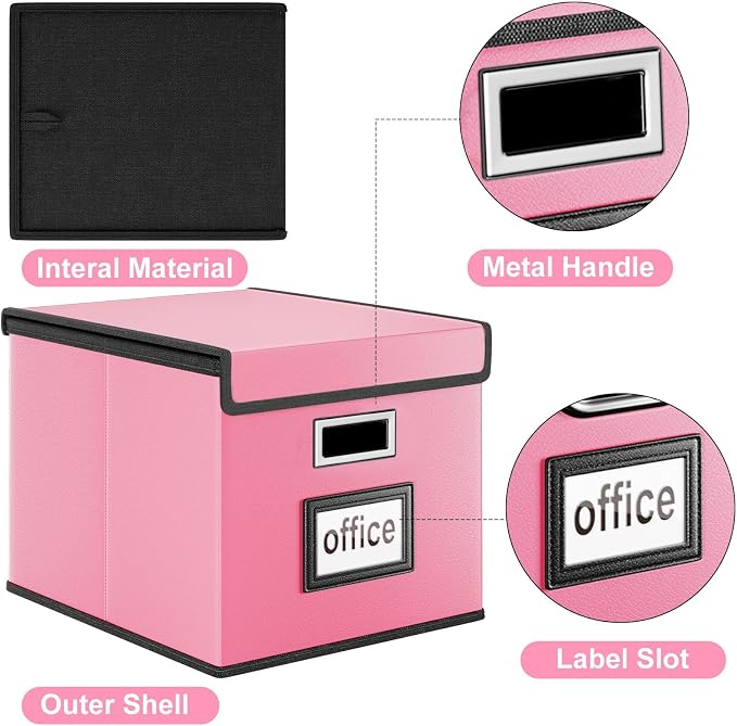 File Organizer Box with Lid, Collapsible Leather File Folder Organizer for Office Document Storage, Filing Box with Plastic Slide for Letter/Legal Size Hanging Files, Pink
