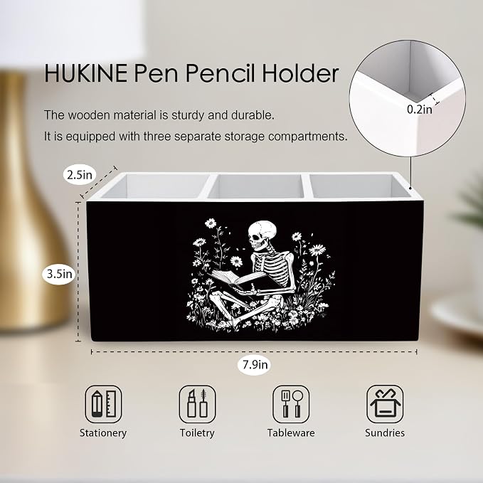 Gothic Skeleton Bookish Pen Holder for Desk Decoration, Witchy Gothic Skull Reading Book Wooden Box Sign Pencil Holder Organizer for Home Office Desk Accessories, Book Lover Gifts