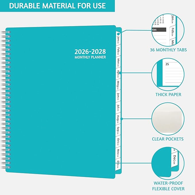 Monthly Planner 2026-2028, 36 Months Calendar Planner 2026-2028 from Jan 2026 – Dec 2028, 8.5'' x 11'' with Ruled Spread, Flexible Cover, Spiral Wirebound, Pocket, Coated Tabs, Notes ＆ Habit Tracker