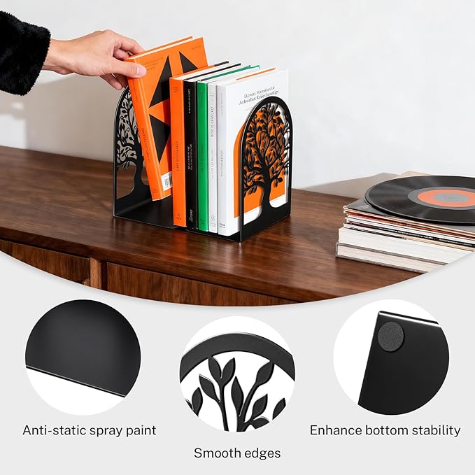 HappyHapi Decorative Bookends for Shelves, 7 Pair Metal Book Ends for Heavy Books, Black Book Stopper for Home Office Library, 6.9" x 4.7" x 3.5"（14 Pcs）
