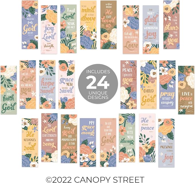 Religious Bookmarks / 2" x 6" Motivational Paper Bookmark Set / 24 Christian Verses Page Marker Designs/Bible Study Bookmarks/Made in The USA