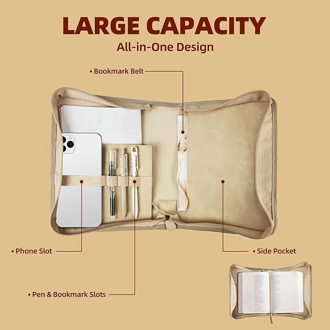 Bible Cover Case for Women, Bible Bag with Phone Pocket, PU Leather Large Carrying Book case with Minimalist Debossed Design – Christian Bible Accessories for Girls & Women (Beige)