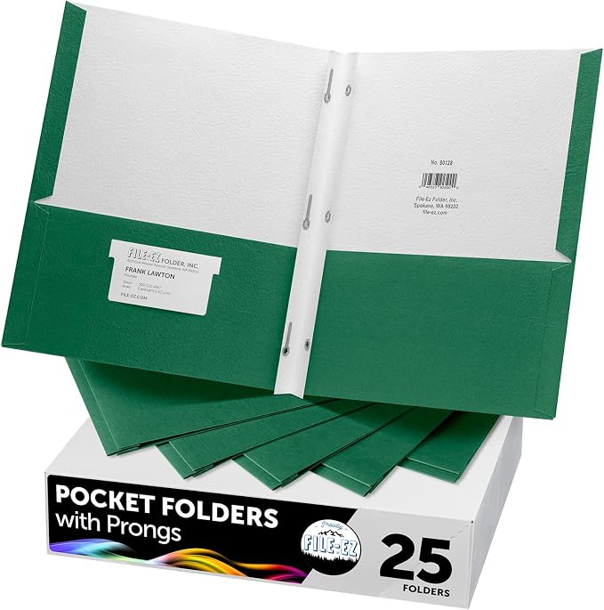 FILE-EZ Two-Pocket Folders with 3-Prong Fasteners, Green Color, 25-Pack, Durable Textured Paper, Matte Finish, Letter Sheet Size (EZ-92560)