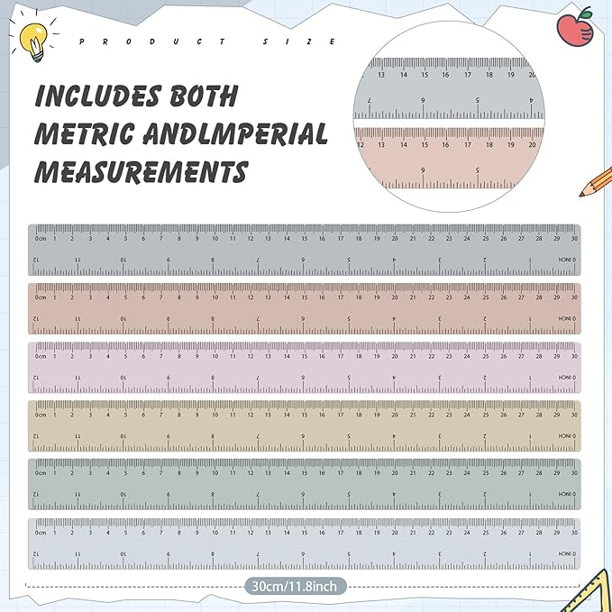 60 Pcs Plastic Clear Rulers 12 Inch, Transparent Assorted Color Ruler Bulk, with Imperial and Metric Scales for Home Office Supplies, Available in 6 Colors(Morandi)