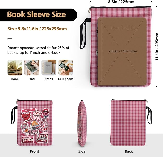 Red and White Checkered Collage Style Book Covers for Book Lovers with Handle Pocket, Book Club Gifts for Chritsmas, Reading Accessories for Friends Reader Bookworm Bookish