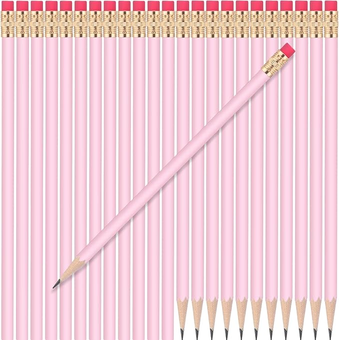 24 Pcs Round Pencils with Eraser 2 HB Cute Pencils Bulk for School Graphite Wood Color Unsharpened Pencil for Drawing Sketching Wedding School Teacher Supplies Student Reward(Pink)