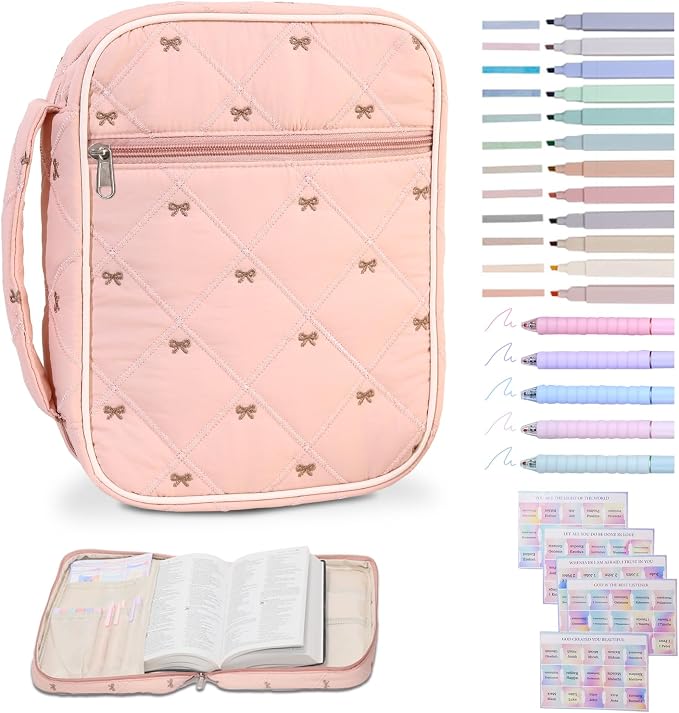 Pink Bible Bags for Women Organizer with Study Supplies Accessories, Quilted Bible Cover Case for Women Carrying Case for Girls Book Case Purse with Bible Stuff