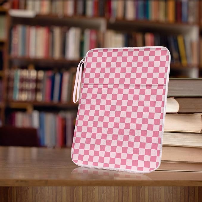 Book Pouch, Book Sleeve with Strape Zipper and Extra Sleeve Pocket Paperback Hardcover Protector, PU Leather Waterproof for Girls, Teacher, Students-Pink Checkered