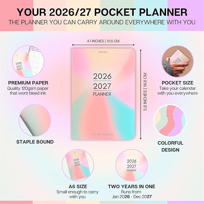 2026-2027 Pocket Planner | Small A6 Size - Fits in Your Bag | Two-Year Calendar | Premium 120gsm Paper | Portable & Durable Design (Colorful)