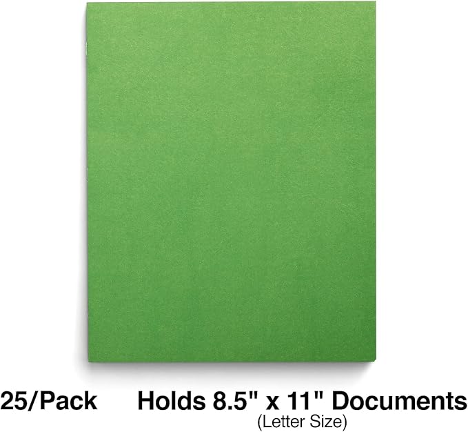 Staples School Grade 2‑Pocket Folders with Fasteners, Green, Letter‑Size Durable Classroom & Office File Folders, 25/Box
