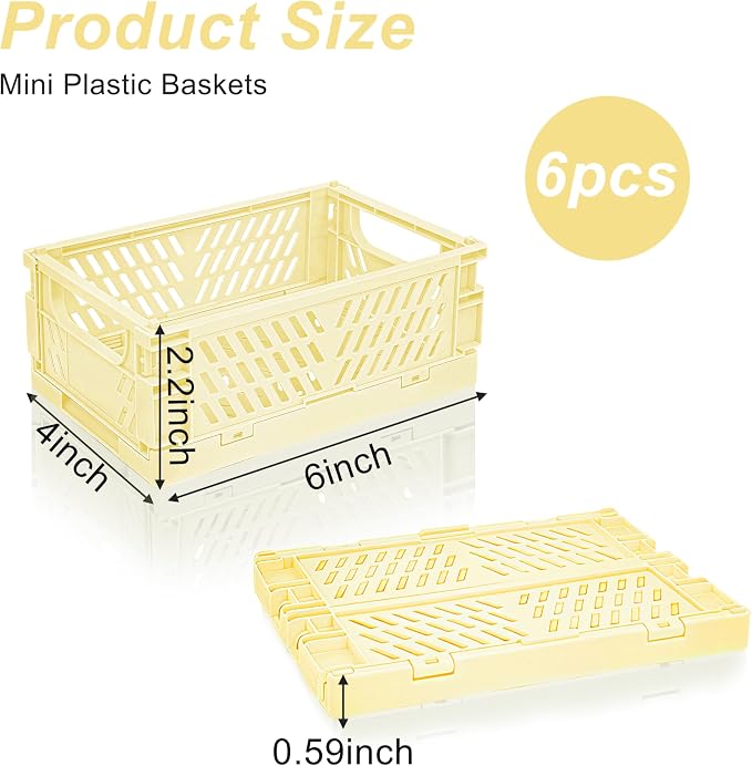 6 Pack Mini Foldable Small Plastic Baskets for Organizing and Storage，Collapsible Storage Crates,Mini Bins for Home Kitchen Bedroom Bathroom Office (Yellow, Small 6x4x2.2)