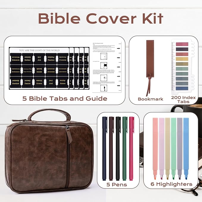 XKDOUS Leather Bible Cover Book Carrying Case Classic Church Bag Holder Portable Study Supplies Organizer with Handle, Pockets Father Day Christian Gift for Dad, Men, Women, Friends