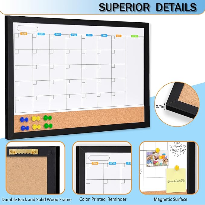 Monthly Whiteboard Calendar with Cork Board for Wall, 17"x13",Magnetic Dry Erase Board with Black Wood Framed,2-1 Wall Planner Whiteboard, Bulletin Board with Pins for Home, School,Office
