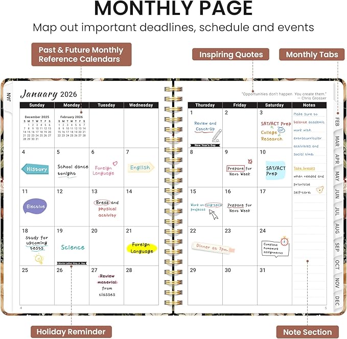 2026 Planner, Monthly and Weekly Calendar Planner for Women, Jan 2026 - Dec 2026, Hardcover Pretty 2026 Agenda Planner Book with Tabs, Spiral Bound, Perfect for School Office Home Supplies, 6.3" x 8.5" - Mushroom