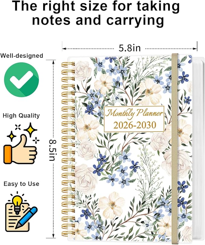 2026-2030 Monthly Planner - 60 Month PLanner Calendar from January 2026 to December 2030, 5 Year Planner 2026-2030 with Flexible Cover, Inner Pocket, Perfect for Home | School | Office, 5.8" x 8.5", Crushed Flower