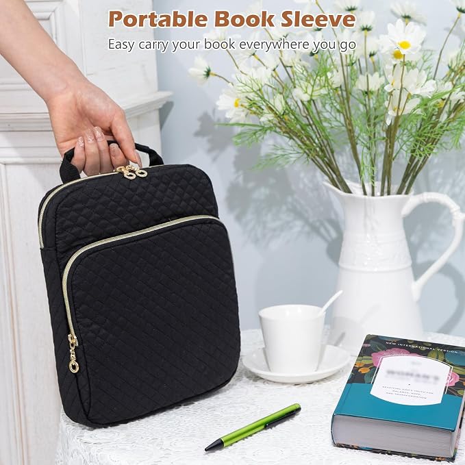 Book Sleeve with Zipper Book Pouch,Quilted Book Carrier, Book Covers for Book Lovers,Multi-Pocket Book Protector Case for Hardcover,Book Accessories, Bible Bags for Bible Study Supplies, AA Books