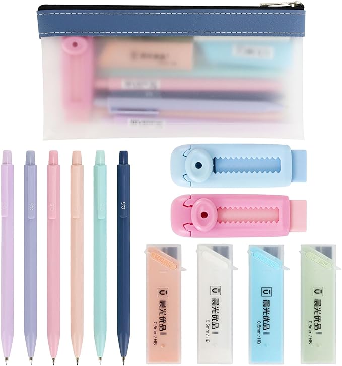 Mechanical Pencil Set - 6PCS 0.5mm Cute Pastel Mechanical Pencils, 2Push-Pull Retractable Eraser with 80PCS HB 0.5 Lead Refill and Clear Zipper bag Pencil Kit for Art, Drawing Pencils for Sketching