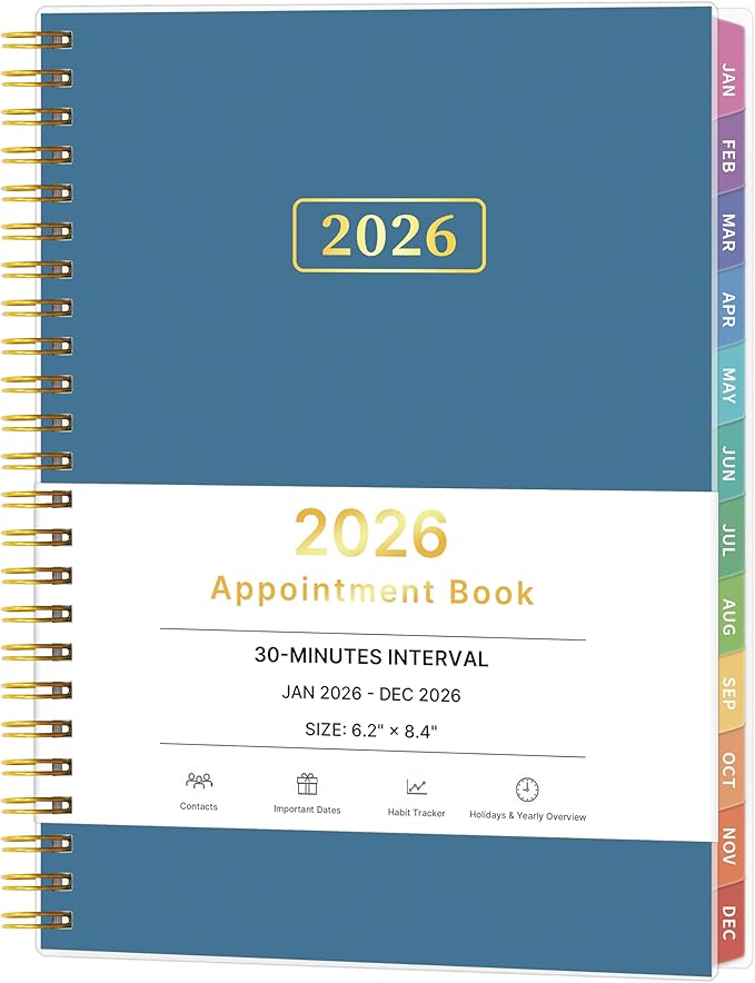 2026 Appointment Book, 30 Minutes-Hourly, Weekly ＆ Monthly Calendar Planner 2026, Jan 2026 - Dec 2026, 6.2'' x 8.4'', 2026 Daily Planner with Tabs ＆Pocket, Flexible Cover, Great for Office, Home, School