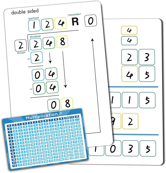 Set of Dry Erase Multiplication and Division Practice White Board, 8" x 12" 2-Digits Mathematics Board with a 4" x 2.5" Multiplication Chart Board for Kids Students, Classroom and Home