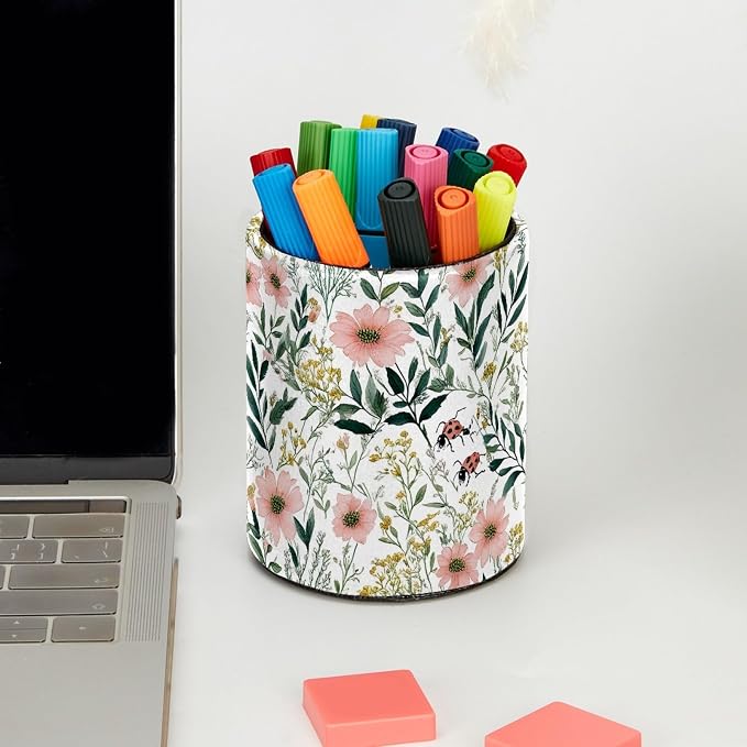 Leather Pen Holder for Desk, Pink Flower Makeup Brushes Holder Pencil Cup Multifunctional Desktop Organizer Caddy for Home School Office Desk Accessories